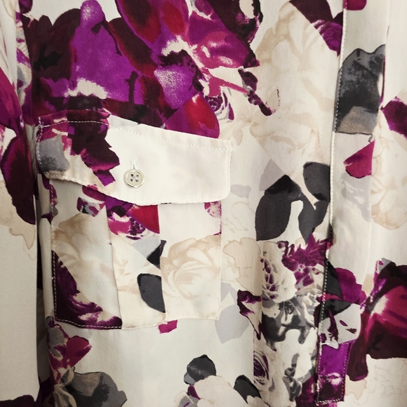 WHBM Floral Silk Button Up Blouse Collared Elastic Hem‎ Size 14P - Picture 6 of 12
